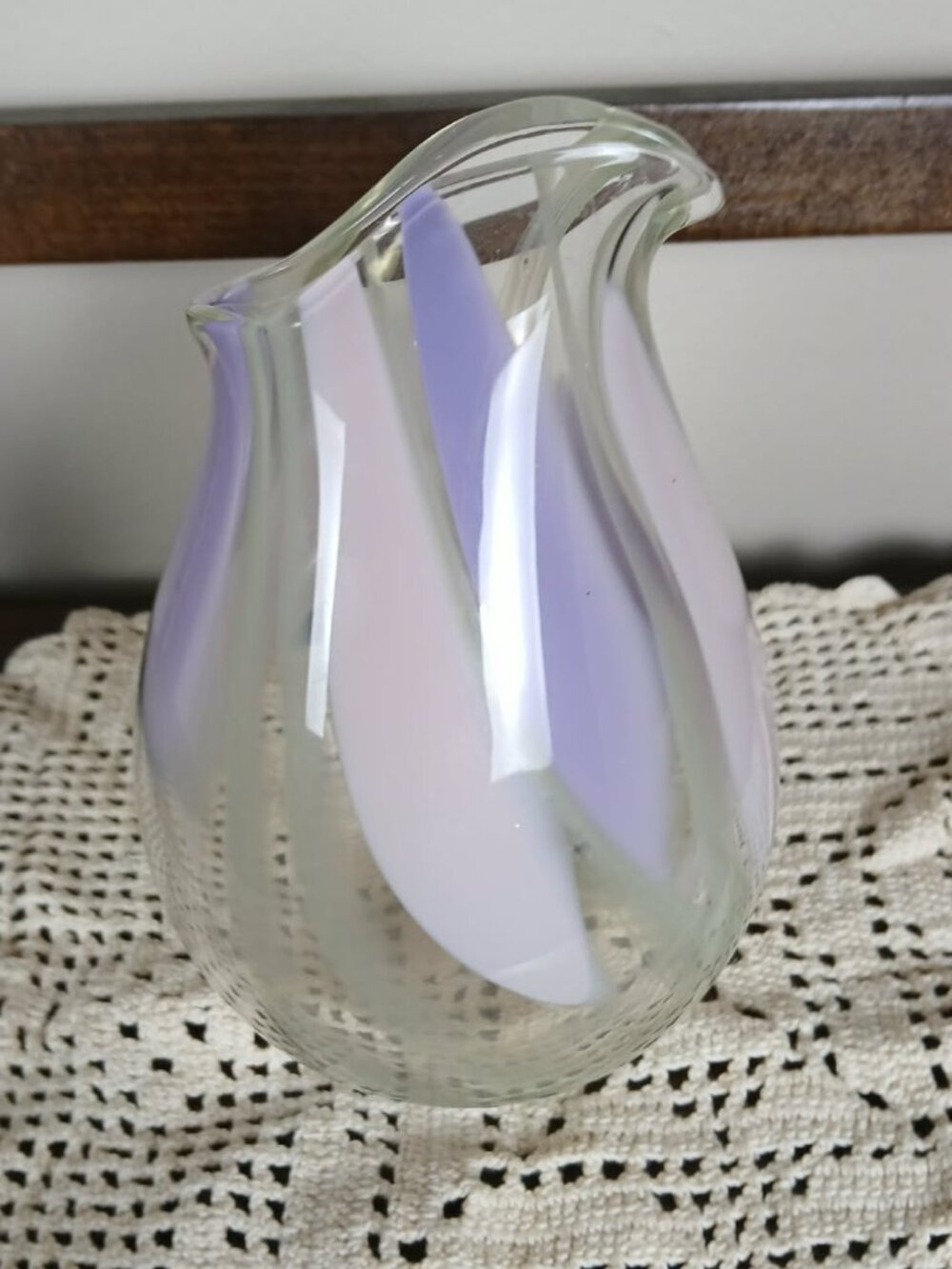 Art Glass Vase Pitcher Lilac Pink White Hand Blown Pinched Spout 5.75"